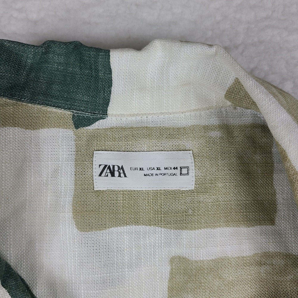 ZARA Shirt Mens XL Green Beige Geometric Linen Hawaiian Button Up Short Sleeve - Picture 3 of 11
